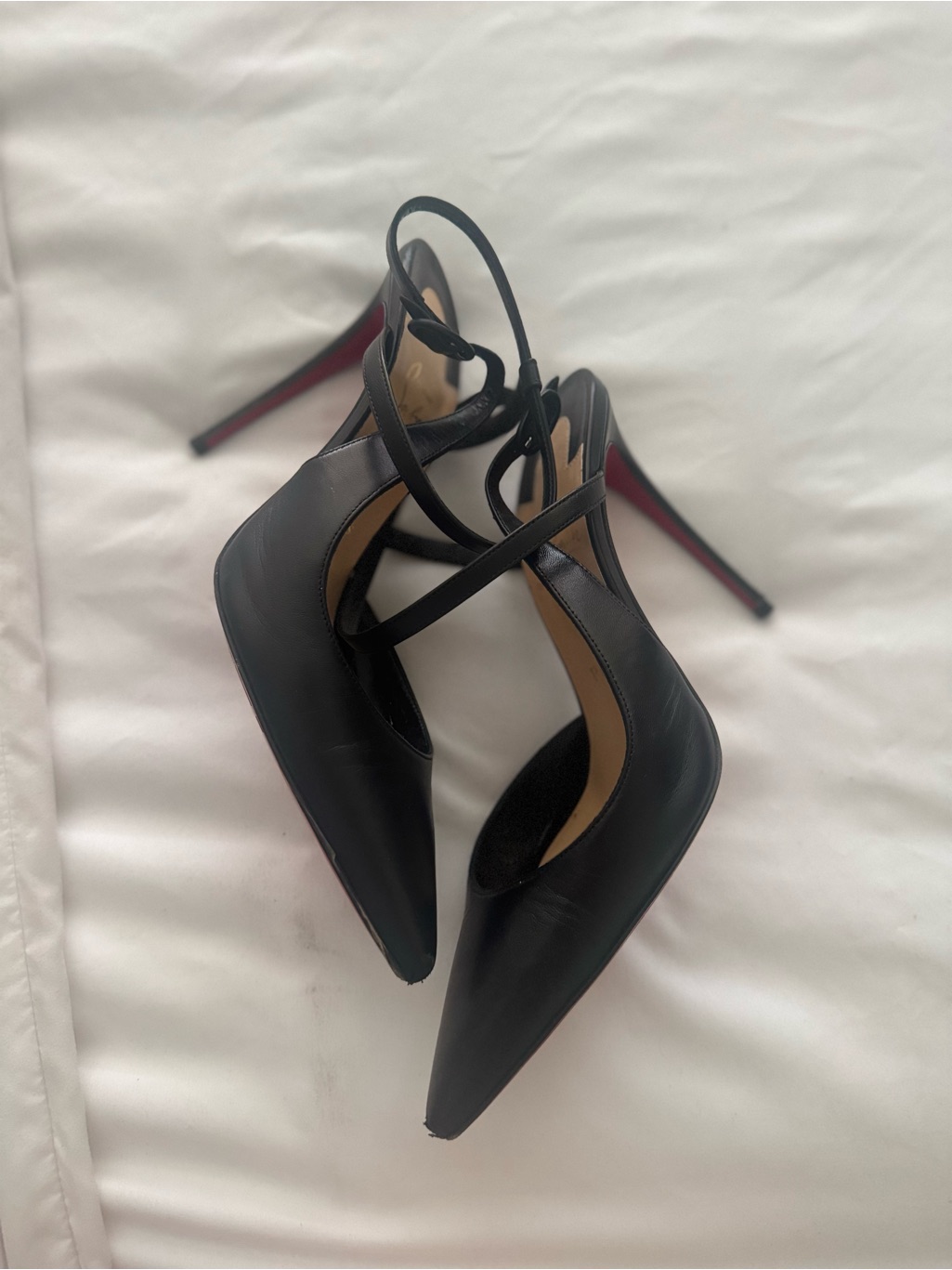 Christian Louboutin Black Pointed Leather Cross-Strap Stilettos